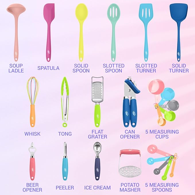Kaluns 24 Pcs Silicone Cooking Utensils Set - Can Opener, Masher, Turner, Spatula, 446F Heat Resistant, Non-Stick, Premium Silicone & Stainless Steel