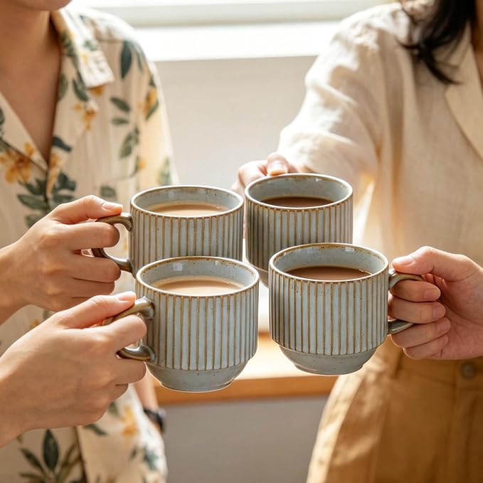 HASENSE Stackable Coffee Mugs, 15 Oz Ceramic Coffee Mugs with Stand, Vertical Striped Coffee Cups Set of 4 with Handle, Space-Saving Suitable for Kitchens and Coffee Nook, Blue-Gray