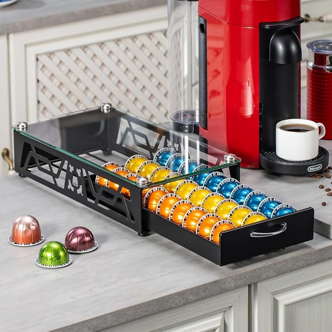 FlagShip Vertuo Pod Drawer Glass Top Coffee Capsule Organizer & Space-Saving for Nespresso Pod Holder Coffee Machine Stand(30 Vertuo Pods Capacity)