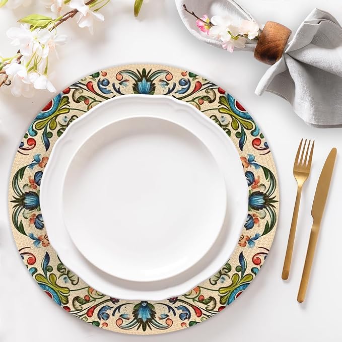 Round Placemats Set of 4, Carpet Pattern Woven Placemats Mats Non-Slip Heat Resistant Washable Table Mats Round Braided Place for Farmhouse Kitchen Dining Party Decor 15in