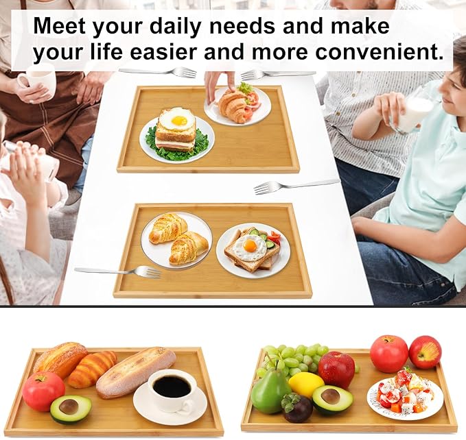 6 Pack 16.4 x 11.6 x 0.9 Inch Bamboo Serving Tray with Handles, Rectangular Wooden Breakfast Tray, Decorative Coffee Platter for Serving Food, Kitchen, Living Room, Picnic