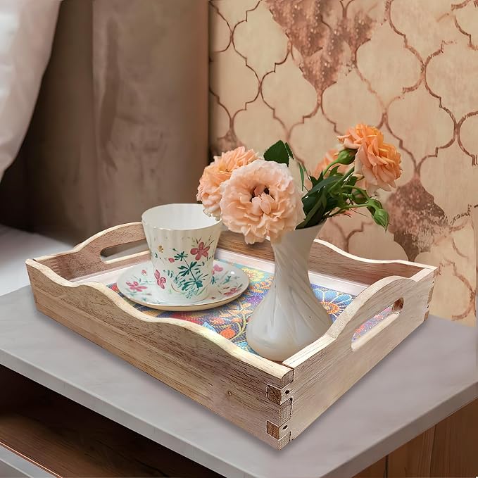 Generic DIY Diamond Serving Tray Rectangular Upgrade Increase Wooden Breakfast Tray with Handles Handmade Diamond Art Painting Dinner Plate for Coffee Living Room Home Organizer-Pattern03