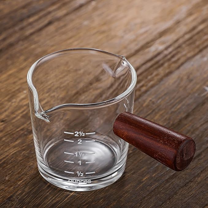 70ml Double Spouts Espresso Cup Shot Glasses Heat-Resistant Measuring Cup Mini Milk Glass Mug with Wooden Handle Clear Scale Ounce for Milk Coffee Espresso Making Heavy Glass Measuring Cup