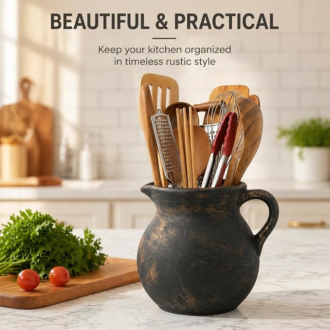 Rustic Kitchen Utensil Holder,7.6 Inch Large Ceramic Utensil Crock for Countertop, Vintage Kitchen Counter Decor,Home Decor,Stunning Ceramic Vase(Black Copper)