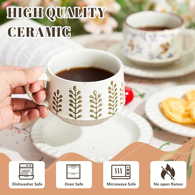 LemonRoad Vintage Tea Cup and Saucer Set of 2, 10oz Porcelain Coffee Mugs with Saucer for Latte Mocha Cappuccino Ceramic Teacups for Housewarming Wedding Gifts Kitchen Table Decor