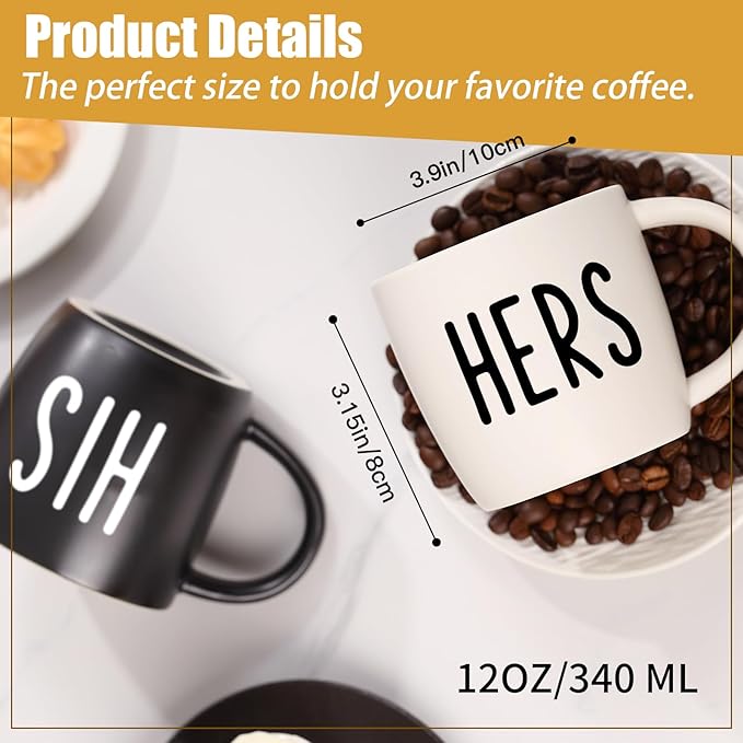 His And Hers Mugs Set Of 2 Coffee Mug 12 Ounce, Cute Matching Coffee Mug Couples for Anniversary, Wedding， His and Her Gifts
