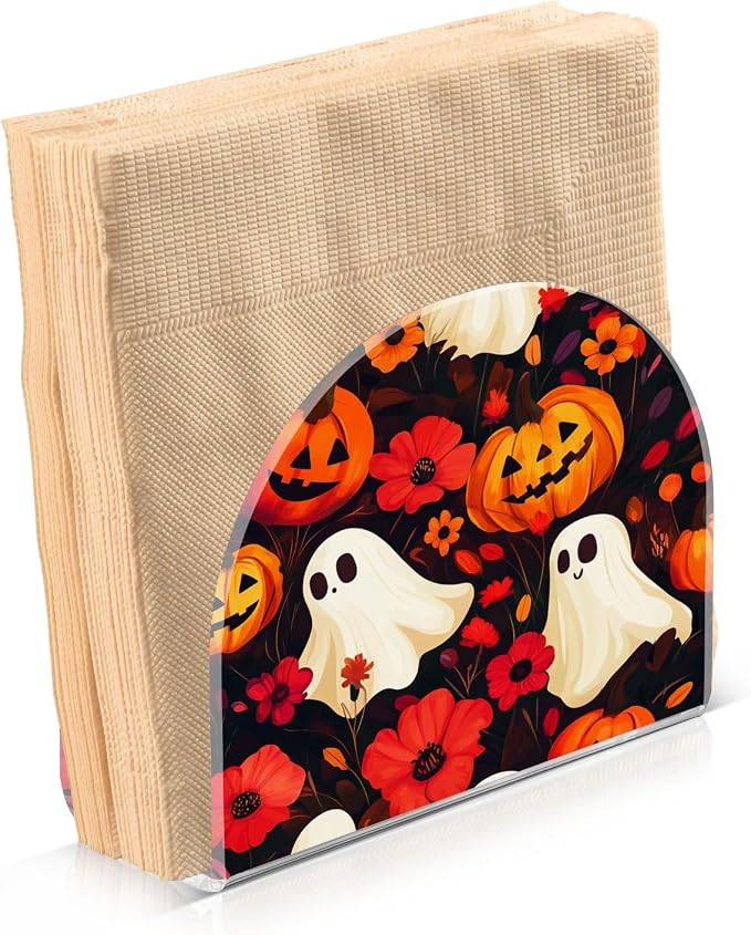 Napkin Holder Acrylic Napkin Holder for Table Kitchen Party Restaurant U Shaped Upright Napkin Dispenser Organizer Halloween Ghost Pumpkin and Poppy