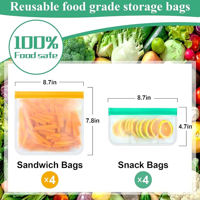 Silicone Storage Freezer Bags, 4 Reusable Sandwich Bags + 4 Reusable Snack Bags, Leakproof Food Storage Containers for Picnic, Work, Home Use