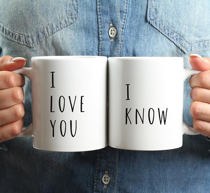 Andaz Press Funny Couples 11 oz Ceramic Coffee Mugs, I Love You, I Know, His and Hers Coffee Mug Set of 2, Valentines Couples Mugs for Him and Her, Mr and Mrs Mugs, Couple Mugs for Husband and Wife