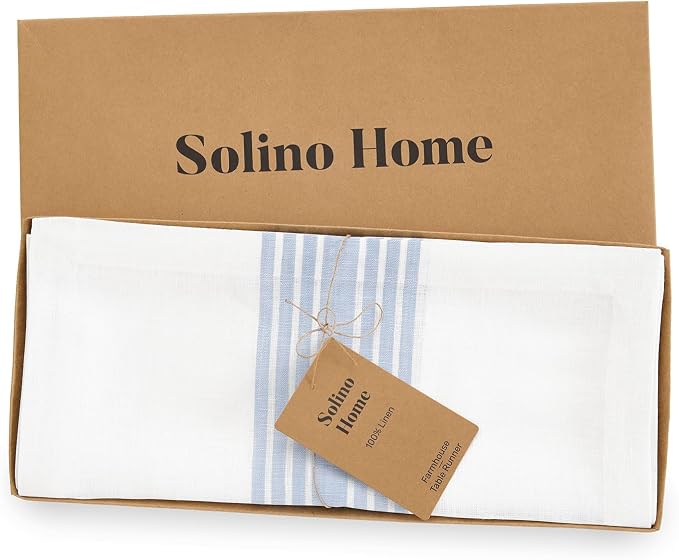 Solino Home Linen Striped Table Runner 132 Inches Long - Farmhouse 100% Pure Linen Dusty Blue and White Dining Table Runner 14 x 132 Inch for Summer