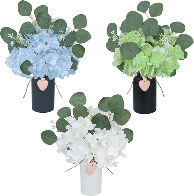 Artificial Hydrangea Flowers in Mason Jar Vase, Set of 3 Faux Hydrangea and Eucalyptus Arrangements, Pre-Arranged Farmhouse Table Centerpieces for Kitchen, Dining Room, Office Decor