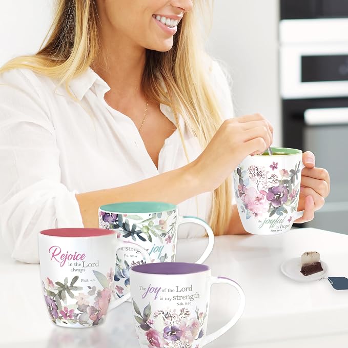 Christian Art Gifts Ceramic Coffee or Tea Mug Set for Women, Rejoice Watercolor Flowers Design Bible Verse Mug Set, Boxed Set of 4 Coffee Cups