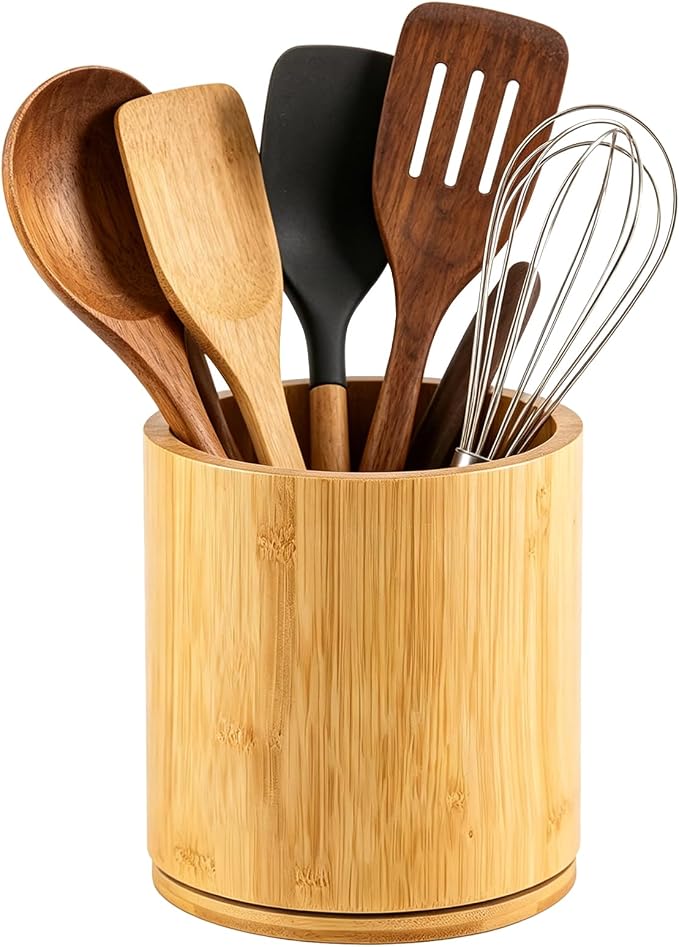 Bamboo Wood Utensil Holder 360°Rotating Anti-Tip Design for Kitchen Counter,Cooking Utensil Crock for Countertop , Large Utensil Organizer for Spatula (Bamboo)