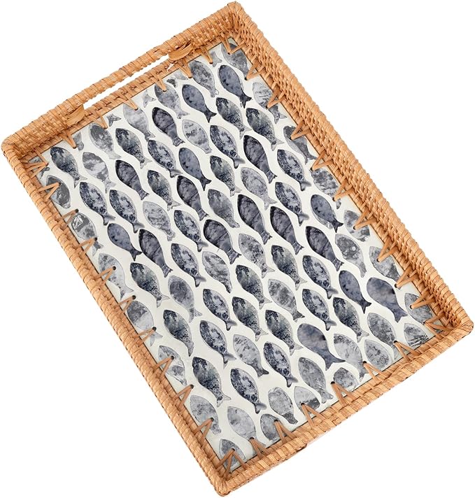 Rectangle Rattan Tray with Mother of Pearl Inlay, Rattan Serving Tray with Handle for Coffee, Bread, Fruits, Snacks, Decorative Wicker Tray for Table Decor (Rectangle Black Fish, 13"×9")