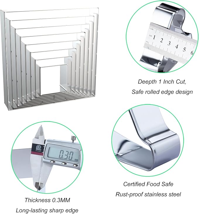 Square Cookie Cutter Set 8-Piece 1.5" to 5" by QAAQS