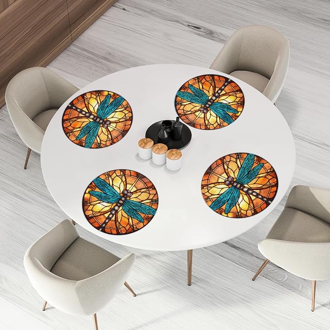 Round Placemats Set of 4, Dragonfly Glass Background Woven Placemats Mats Non-Slip Heat Resistant Washable Table Mats Round Braided Place for Farmhouse Kitchen Dining Party Decor 15in