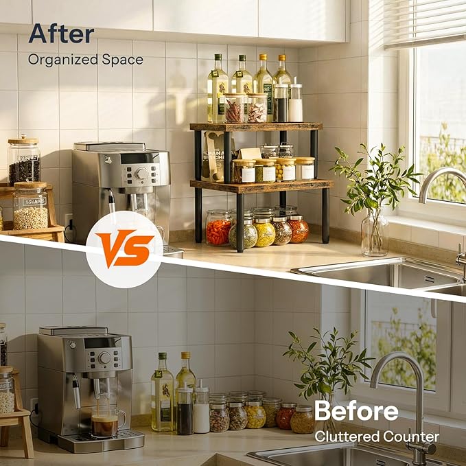 HOOBRO Cabinet Organizer Shelf, kitchen countertop organizer, Kitchen Storage, Spice Rack for cabinet, Stackable, Expandable, for Countertop,kitchen,cabinet, Rustic Brown BF15TL01