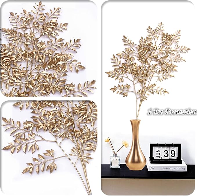 CATTREE Artificial Gold Leaves, Plastic Plants Christmas Decorations 30" Tall Golden 2 Pack, Fake Shrubs Bushes for Indoor Home Table Centerpieces Hotel Hall Party Decor Wedding Planting Filler