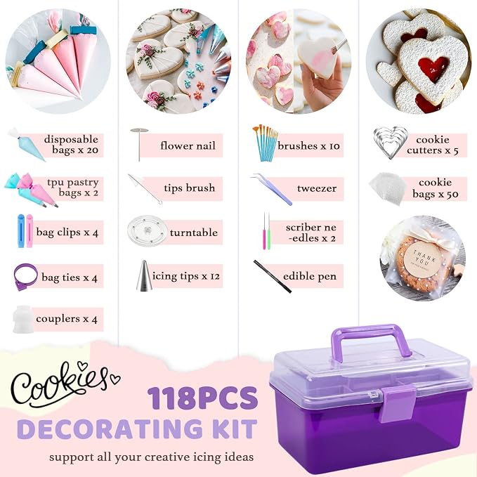 LUSHYUM Cookie Decorating Kit 118pcs with Storage Case, Royal Sugar Piping Bags and Tips Icing Supplies Set, Turntable Scribe Decoration Tools for Kids & Cookie Holiday Christmas Valentine