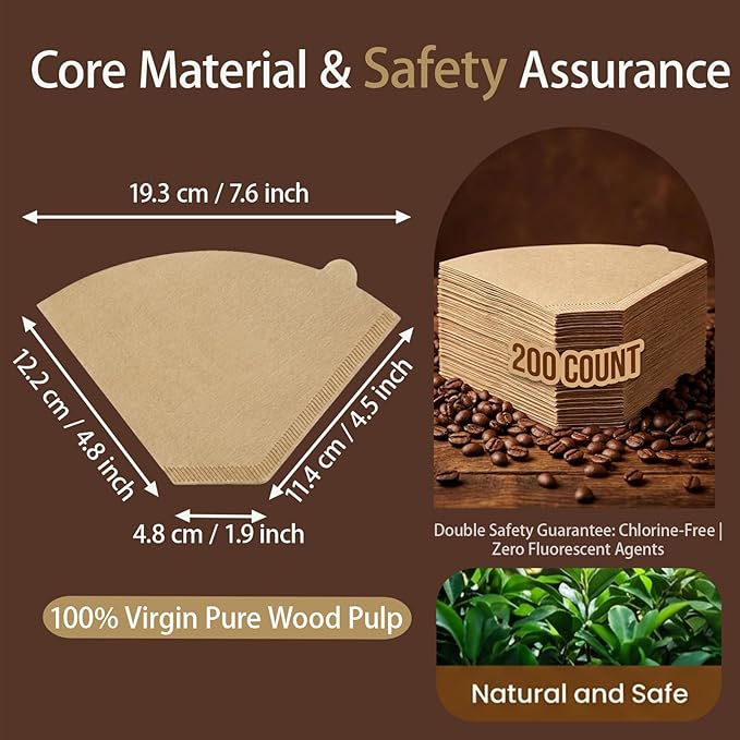 #4 Cone Coffee Filters 200 Count, Unbleached Natural Paper 8-12 Cup, Disposable for Pour Over Drip Coffee Makers