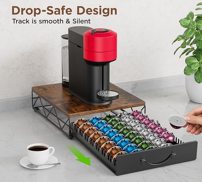 HFHOME Vertuo Pod Holder, Compatible for Nespresso Vertuoline 40 Big or 60 Small Capsules, Wooden Top and Mesh Shelves, Kitchen Counter Coffee Bar Station Organizer with Sliding Drawer, Rustic Brown