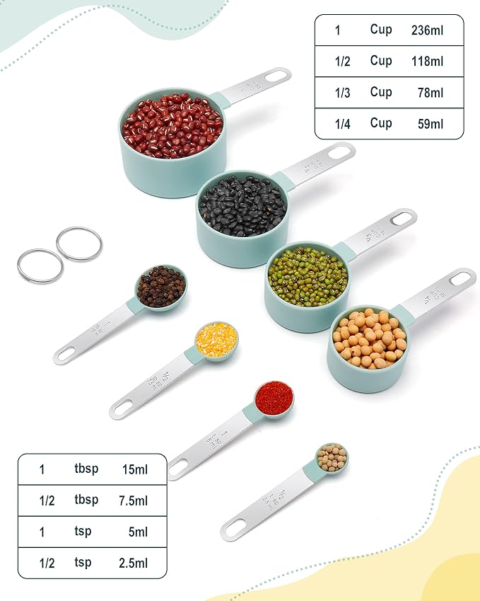 Measuring Cups and Spoons Set of 8 Pieces, nesting measuring cups for Measuring Dry or Liquid Ingredients, Stainless Steel Handle, Kitchen Gadgets for Cooking & Baking