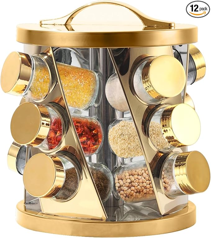 Portable Stainless Steel Spice Rack with 12 Spice Jars Included Revolving Spice Organizer for Kitchen Tower Storage Rack for Spices and Seasoning Gold