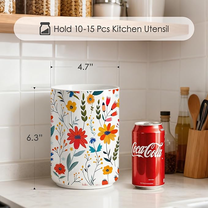 Wildflowers Utensil Holder,Countertop Ceramic Utensil Holder,Large Cooking Utensil Crocks for Kitchen Counter Decor,Ceramic Vase for Kitchen Utensils,6.3"+4.7"(Kitchen Stories Among Flowers)