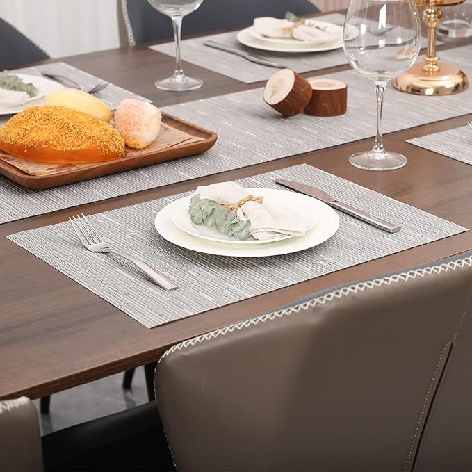 Myir JUN Placemats Set of 4, Vinyl Woven Placemats Place Mats Indoor Set of 4 Washable Table Mats Non-Slip Place mats for Dining Table (Silver, Set of 4)