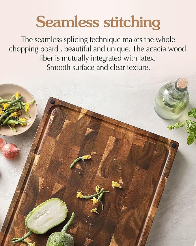 XINZUO Large Thick End Grain Acacia Wood Cutting Board- (19''L x 14''W x 1.5''T) Reversible Wooden Chopping Board with Non-Slip Feet, Built-in Handles and Juice Groove- Butcher Block Cutting Board