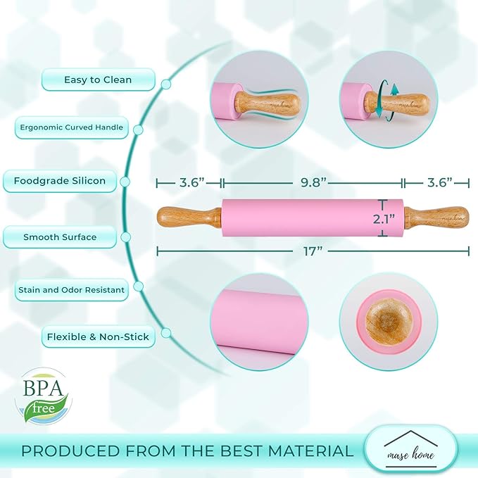 [mase home] Silicone Rolling Pin for Baking – 17" Non-Stick Dough Roller with Wooden Handles (Pink)