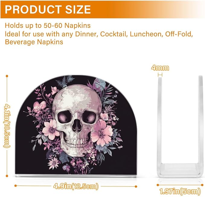 Fustylead Skull and Floral Gothic Black and Purple Napkin Holder for Table Acrylic Vertical Napkin Holders for Paper Napkins Decor Napkin Dispenser for Home Party Dining Cocktail Kitchen, 2 Pack