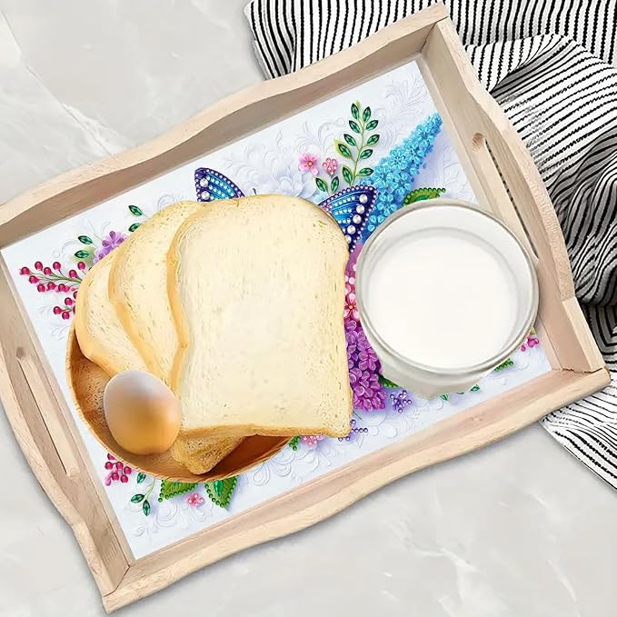 DIY Diamond Serving Tray with Handle Handmade Gem Painting Wooden Rectangular Breakfast Tray for Dinner Plate Coffee Room Living Home Organizer-Butterfly Flower