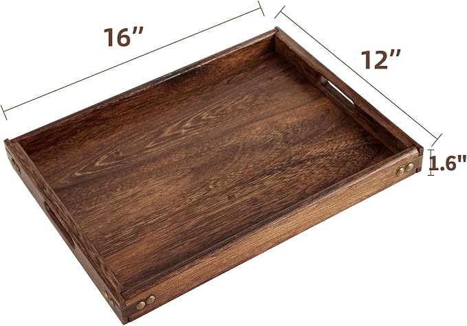 Wood Serving Tray with Handles,Farmhouse Wooden Tray for Ottoman,Decorative Serving Trays Platter for Breakfast in Bed,Lunch,Dinner,Appetizers,Patio, Coffee Table, BBQ,Party,Lap &Couch(16 Inches)