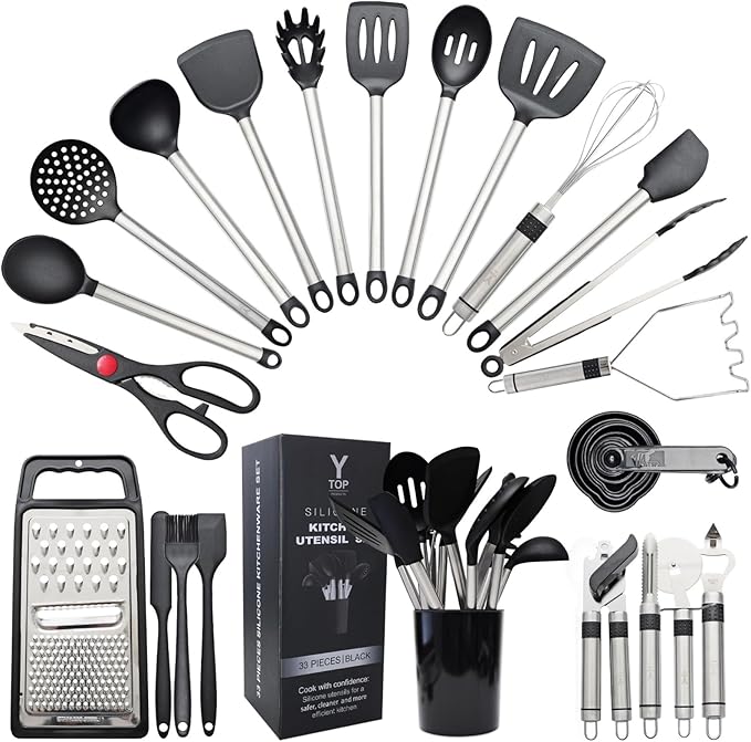 Silicone Kitchen Utensils Set 33 PCS Heat Resistant Food Grade Silicone Utensils Set for Cooking with Stainless Steel Handles BPA Free Kitchen Gadgets Tools Set with Holder Safe for Nonstick Cookware