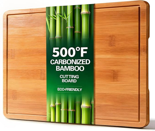 Zarler Bamboo Cutting Boards for Kitchen, 15.5x10.5 Wood Cutting Board with Juice Grooves and Handle, Wooden Chopping Board Set for Meal Prep, 500℉ Carbonized Bamboo, XL Size, Ideal Kitchen Gift