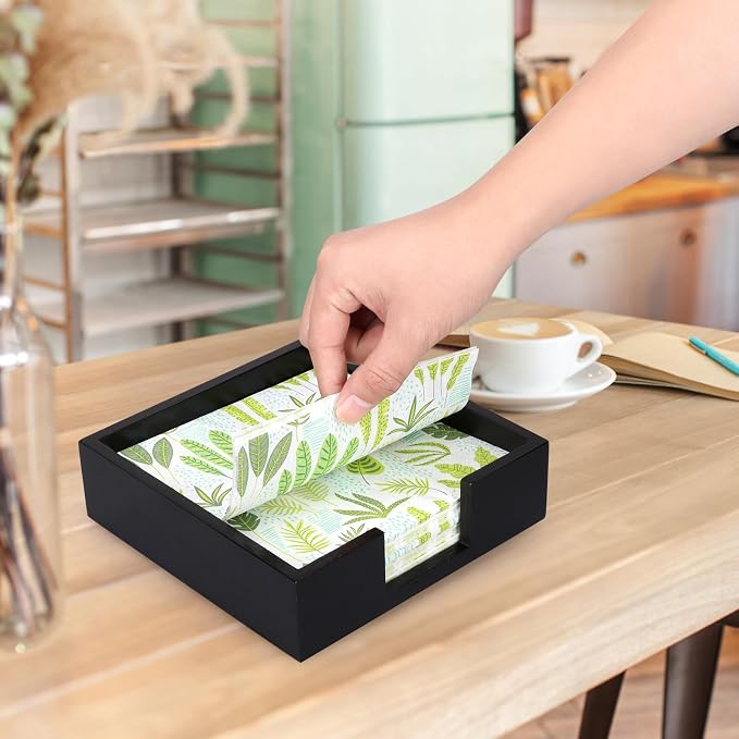 Renawe Black Wood Napkin Holder - Rustic Farmhouse Tropical Style - Perfect for Table, Kitchen, Bathroom & More - Non-Slip Base - Easy to Grab Napkins