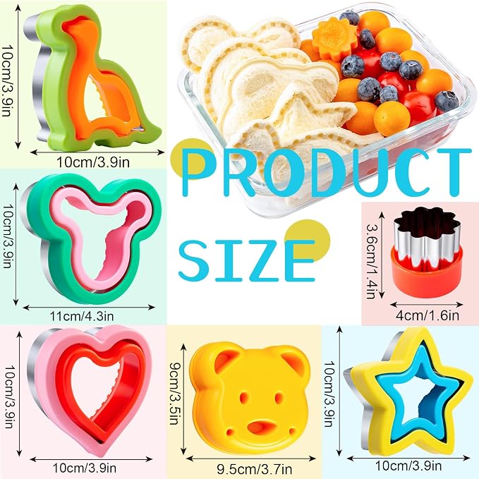 Sandwich Cutters for Kids Lunch LARGE 6 Pcs, Kimfead Sandwich Maker, Cookie Cutters Set, Dinosaur Mouse Heart Star Bear