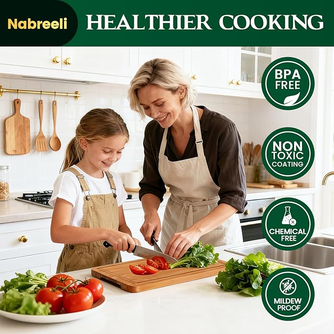 Bamboo Cutting Board Set – Large Knife-Friendly Boards with Juice Groove & Non-Slip Feet, Durable Wood Chopping Boards for Meat, Cheese, Veggies, Home Chefs & Kitchen Gift for Father's Day