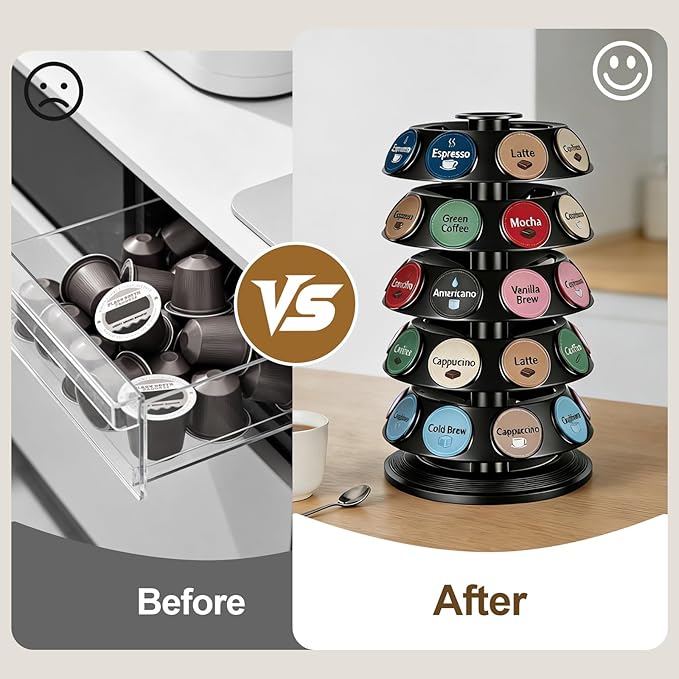 K Cup Holder, Coffee Pod Capsule Carousel for Keurig, 40 Capsule Spinning Organizer with 360° Turntable, Kitchen & Office Detachable Coffee Pod Organizer for Countertop