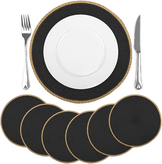 comfoyar Black Round Braided Placemats Set of 6, 14.2x14.2 Inch Non-Slip Place Mats, Washable Heat Resistant Table Mats for Indoor Kitchen Dining Party Table Decoration
