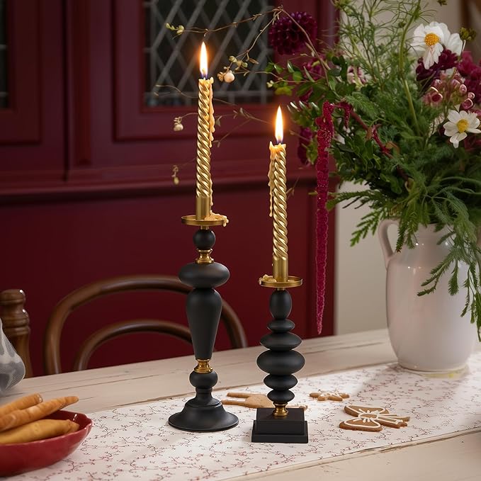 Taper Metal Candle Holder for Modern Vintage Luxury Decor, Matte Black & Antique Brass Iron Pillar Candle Stick Holder for Dining Table, Mantel Decor, Housewarming Gift