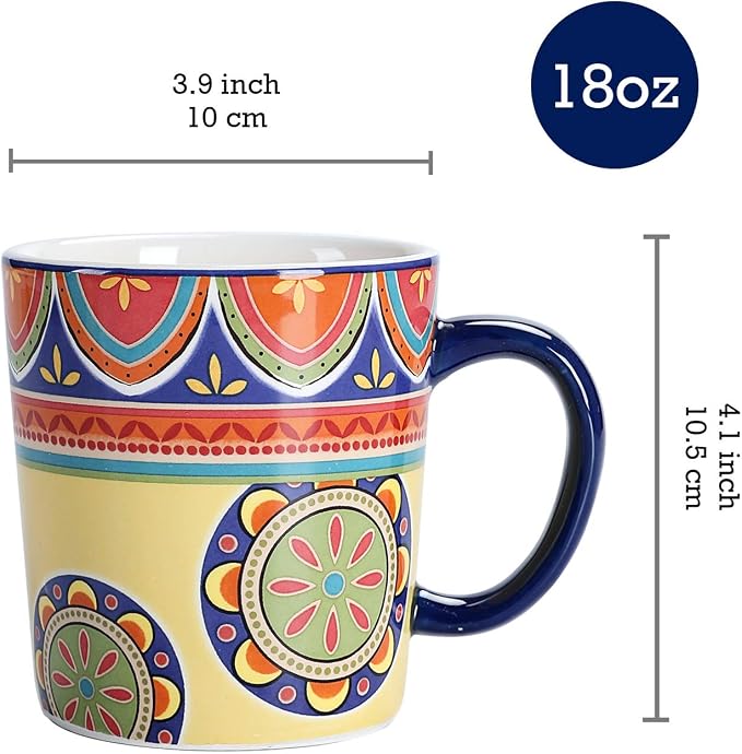 Bico Tunisian Ceramic Coffee Mugs Set of 4, 18 oz Large Tea Cups with Handle, Aesthetic Latte Mugs for Cappuccino Cocoa, Lead-Free, Dishwasher and Microwave Safe, Housewarming Gift