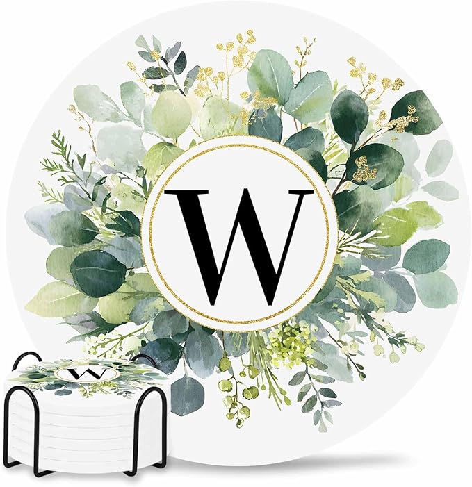 Coasters Set of 6 Letter W Drink Coasters with Holder Absorbent Stone Ceramic Cup Mat Alphabet Green Eucalyptus Leaves Coaster for Drinks Coffee Bar Office Kitchen Cafe Home Decor