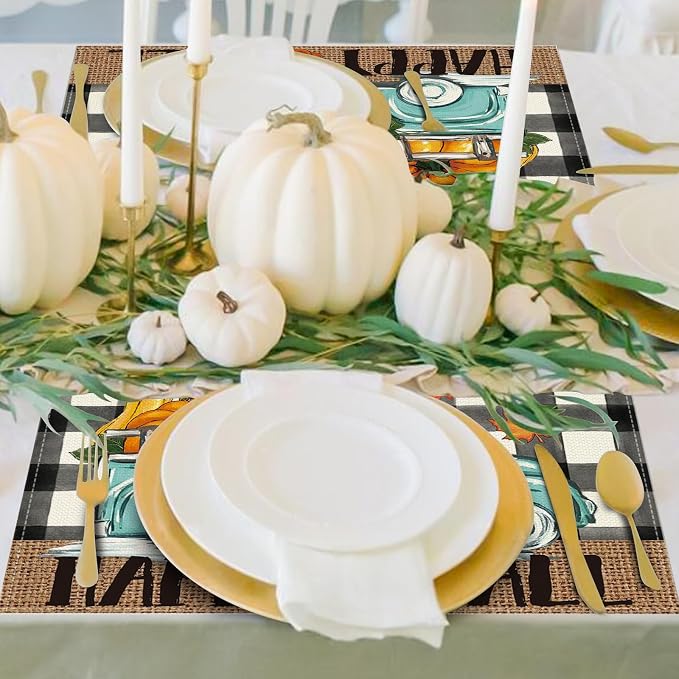 Niviy Buffalo Plaid Check Pumpkins Truck Thanksgiving Fall Placemats Set of 4, 12x18 Inch Autumn Table Mats for Holiday Party Kitchen Dining Room Decoration