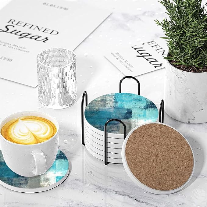 LOKMU Coasters for Drinks,Round Absorbent Ceramic Stone Coaster Sets of 6 with Metal Holder Stand, Turquoise and Grey Abstract Art Coasters with Cork Base for Coffee Wooden Table,Housewarming Gifts