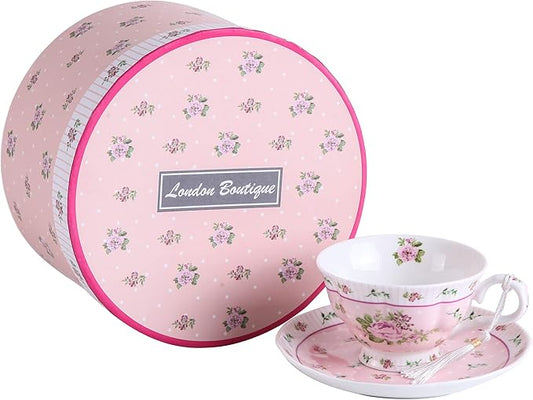 London Boutique Tea Cups and Saucers Set Afternoon Tea Set Vintage Flora Rose Lavender Porcelain Gift Box (Rose Pink 1pc Set)