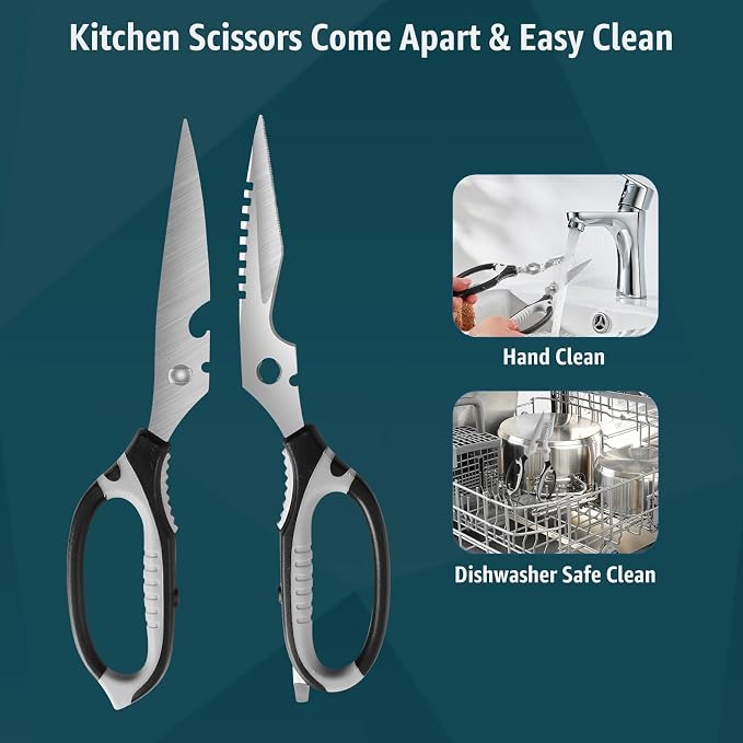 BoFuYuan Kitchen Scissors, 9-Inch Heavy Duty Multipurpose Food Cutting Shears, Detachable Dishwasher Safe, Sharp Serrated Blade, Ergonomic Non-Slip Handle for Food, Meat, Herbs, Black