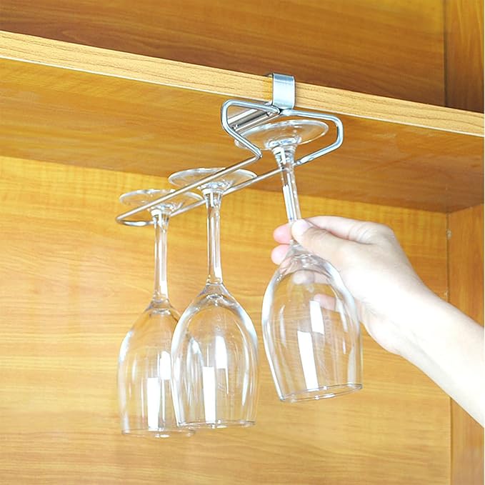 Under Cabinet Wine Glass Holder, ingle Row Stainless Steel Stemware Rack, Hanging Stemware Holder for Kitchen Bar, Glass Storage Hanger