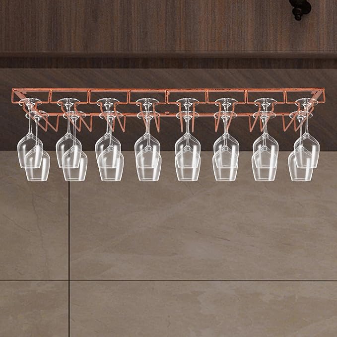 16 Wine Glasses Rack Holder Hanging Metal Storage Shelf Wall-Mounted Cup Holder Upside Down Hanging Under Cabinet Wine Glass Iron Holder Rack For Bar Kitchen (Bronze)